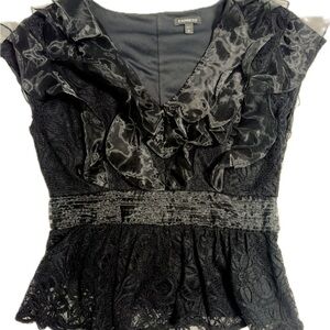 Express Black Top with V-Neck Cap Sleeves and Ruffled Bib Collar